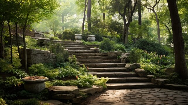 A lush, terraced garden with stone steps leading to a tranquil meditation spot