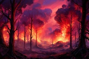 Burning forest. Evening scenery with vibrant purple and red hues. Imaginative artwork showcasing trees on fire. Generative AI