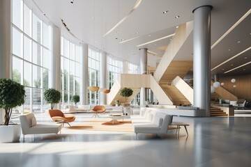 well-lit office lobby with seating. 3D visualization. Generative AI - obrazy, fototapety, plakaty