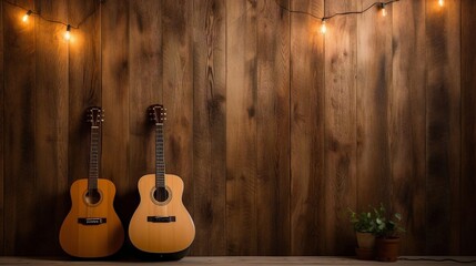 acoustic guitar on wooden table, Wooden board panel texture with acoustic panels in brown, home improvement, rustic interior - obrazy, fototapety, plakaty