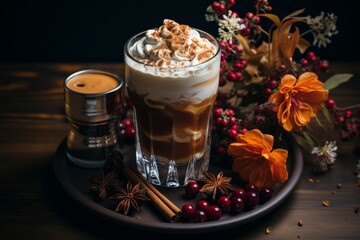 traditional eggnog cocktail with whipped cream and cinnamon on cutting board near spruce branches