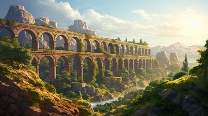 A majestic, ancient aqueduct stretching across a rugged, sun-drenched landscape
