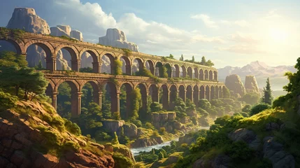 Foto op Aluminium A majestic, ancient aqueduct stretching across a rugged, sun-drenched landscape © ishtiaaq