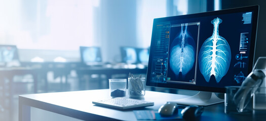 Lung x-ray picture of patient on computer screen in a hospital laboratory. Medical and technology concept. Generative AI. - obrazy, fototapety, plakaty