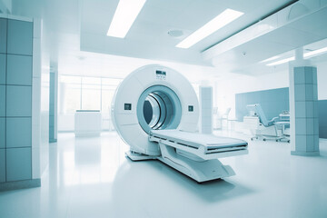 Modern MRI - magnetic resonance imaging - scanner machine in hospital room. Lab with MRI scan machine. Healthcare and medical concept. Generative AI. - obrazy, fototapety, plakaty