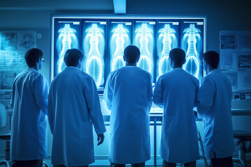 Scientist or doctor teams analyzing body x-ray exam picture on display monitor screen on laboratory. Medical with futuristic technology concept. Generative AI. - obrazy, fototapety, plakaty