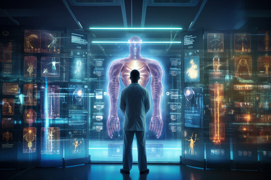 Futuristic virtual interface room. Scientist or doctor analyzing medical exam on display monitor screen on modern laboratory. Medical with futuristic technology concept. Generative AI.
