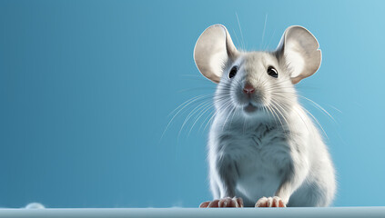 A small mouse is sitting next to a blue background
