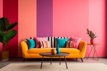 A colorful stripes panel on the stucco wall alongside a pink sofa defines the Memphis postmodern style in the modern living room's interior design. 
 - obrazy, fototapety, plakaty
