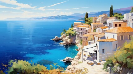 A Mediterranean seascape with vibrant azure waters contrasted by sun-bleached white buildings and terracotta roofs