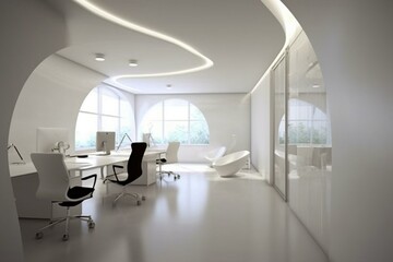 Contemporary office with plain white wall representing possibilities and versatility. Generative AI
