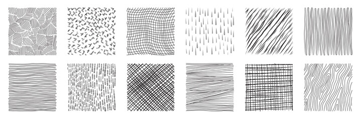 Set of hand drawn pencil line texture. Crosshatch, wood, rain, stippling, circle, linear and other stroke. Freehand doodle shapes collection. Isolated vector illustration.