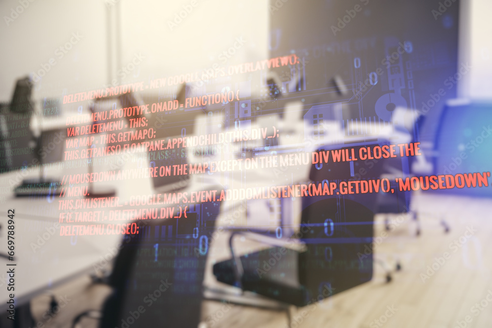 Poster abstract virtual coding concept on a modern furnished office background. multiexposure
