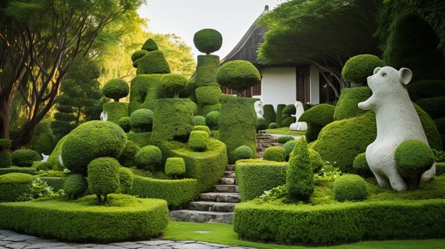 A meticulously curated topiary garden with whimsical, sculpted shrubs