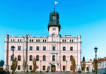 The center of the Market Square in the city of Yaroslav, Poland is decorated with the city hall - a...
