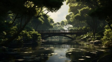 A minimalist bridge suspended gracefully over a tranquil river, framed by lush greenery