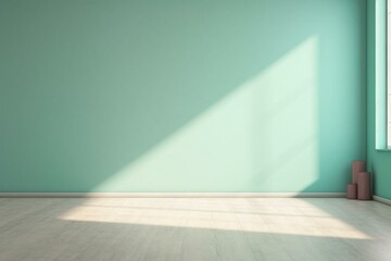 Empty room with mint green turquoise wall, gray carpet floor, sunlight from window, shadow for interior decoration, home appliance product background. Generative AI