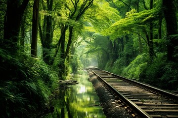 Nature's beauty: lush forest, flowing river, and nearby railroad. Generative AI