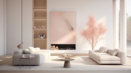 A minimalist interior space with clean lines and a palette of crisp whites, pale grays, and touches of muted blush