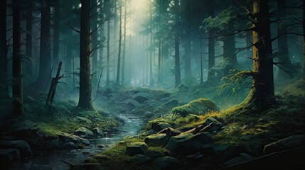 A misty forest scene with deep emerald greens and hints of golden sunlight filtering through the...