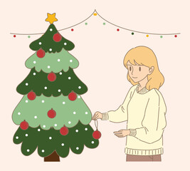 Happy woman wearing sweater, decorating Christmas tree with red ornament, colored lights behind. Hand drawn flat cartoon character vector illustration.
