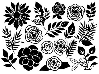 SVG Flower Bundle, Flower Clipart, svg Leaves, flowers in black and white