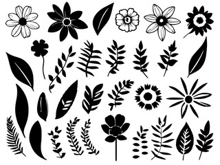 SVG Flower Bundle, Flower Clipart, svg Leaves, flowers in black and white