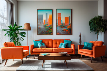 The living room showcases a mid-century interior design with a sofa and vibrant orange chairs.