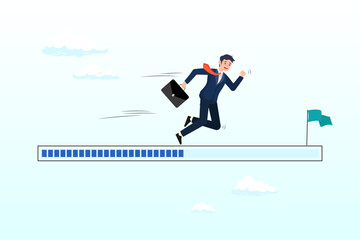 Ambitious businessman run on progress bar to achieve success flag, progress or journey to success or achieve goal, business step or career path, mission or challenge to succeed, improvement (Vector)