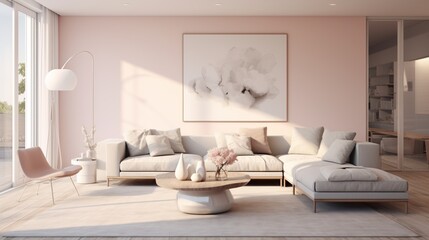 Fototapeta na wymiar A modern and minimalist interior space with clean lines and a palette of crisp whites, pale grays, and touches of muted blush