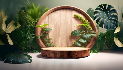 a wooden cut round podium enveloped by a soft array of tropical plants, background, invoking a sense of fantasy
