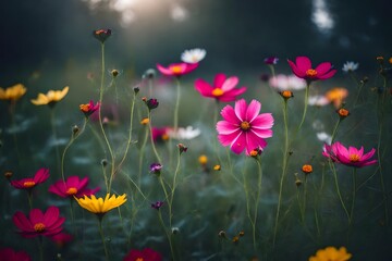 Enchanted garden. Colorful Cosmos Flowers. Blurred, foggy, magic fairy atmosphere.