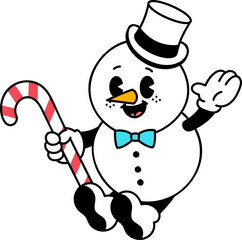 Groovy snowman character with candy cane illustration