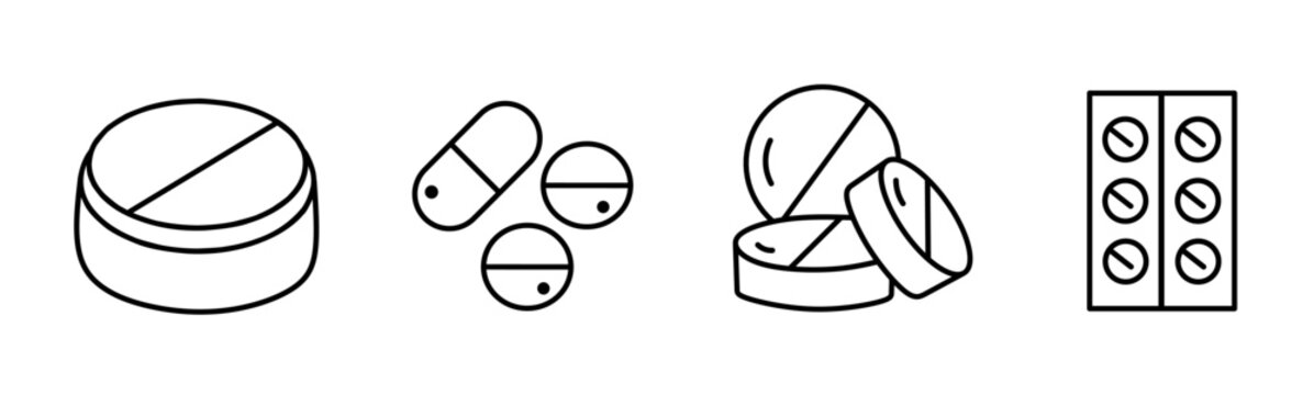 Drug, pill icon black line design. Stock vector illustration.