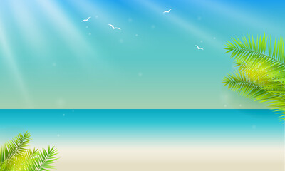 Fototapeta na wymiar Beach style summer illustration with palm trees and birds peaceful landscape. 