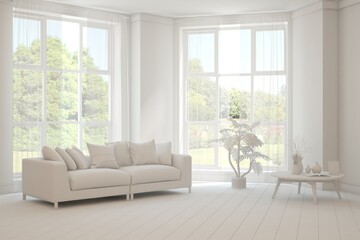 Grey living room concept with sofa and summer landscape in window. Scandinavian interior design. 3D illustration
