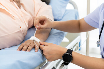 Nurse are verifying the accuracy of giving Saline to patients. Caregiver or nurse and senior concept.