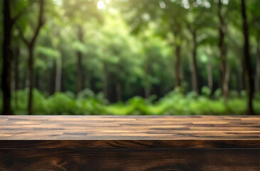 empty wooden table with dark green forest background