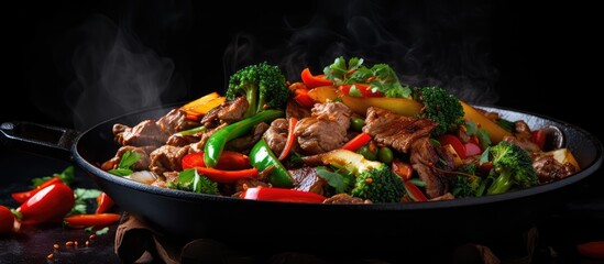 Cook meat and veggies in a metal pan - obrazy, fototapety, plakaty