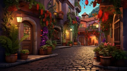 Fototapeta na wymiar A quaint cobblestone alleyway lined with vibrant potted plants and lanterns