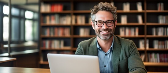 Happy teacher with laptop in library depicted