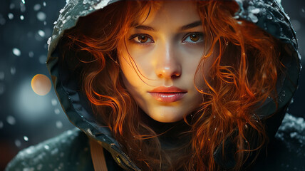 Girl with red hair in rainy day, in the style of glimmering light effects, snow scenes.