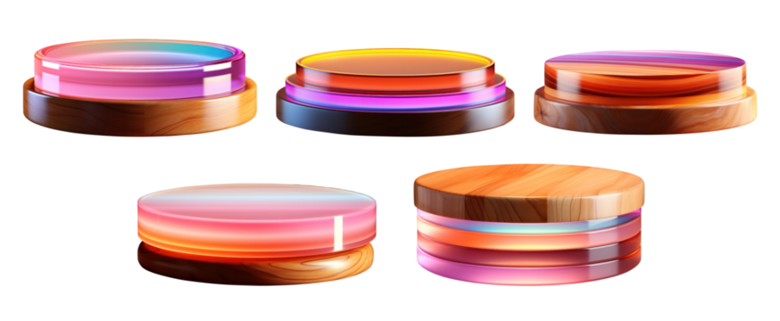 3D Mockup Blank empty wooden pastel colourful glossy light round podium on transparent background cutout, PNG file. for template product presentation.