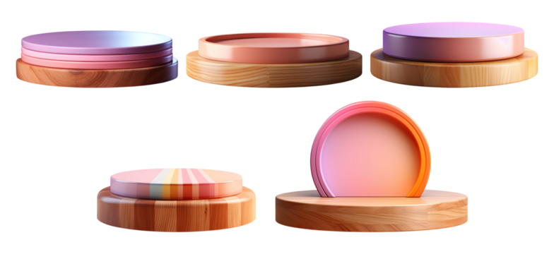 3D Mockup Blank empty wooden pastel colourful glossy light round podium on transparent background cutout, PNG file. for template product presentation.