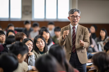 Asian University professor lectures to classroom full of multi-ethnic students. generative ai - obrazy, fototapety, plakaty