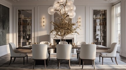 A refined dining room with a polished marble table, upholstered chairs, and a statement chandelier, exuding an air of understated opulence and refinement