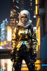 Fototapeta na wymiar cyberpunk hijab girl future tech islamis era