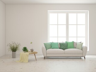 Fototapeta premium White living room with sofa. Scandinavian interior design. 3D illustration
