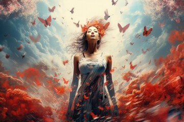 Woman surrounded by butterflies 