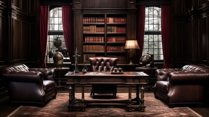 A regal study with dark wood paneling, a monumental desk, and leather-bound volumes, exuding an air of timeless sophistication and intellectual prowess